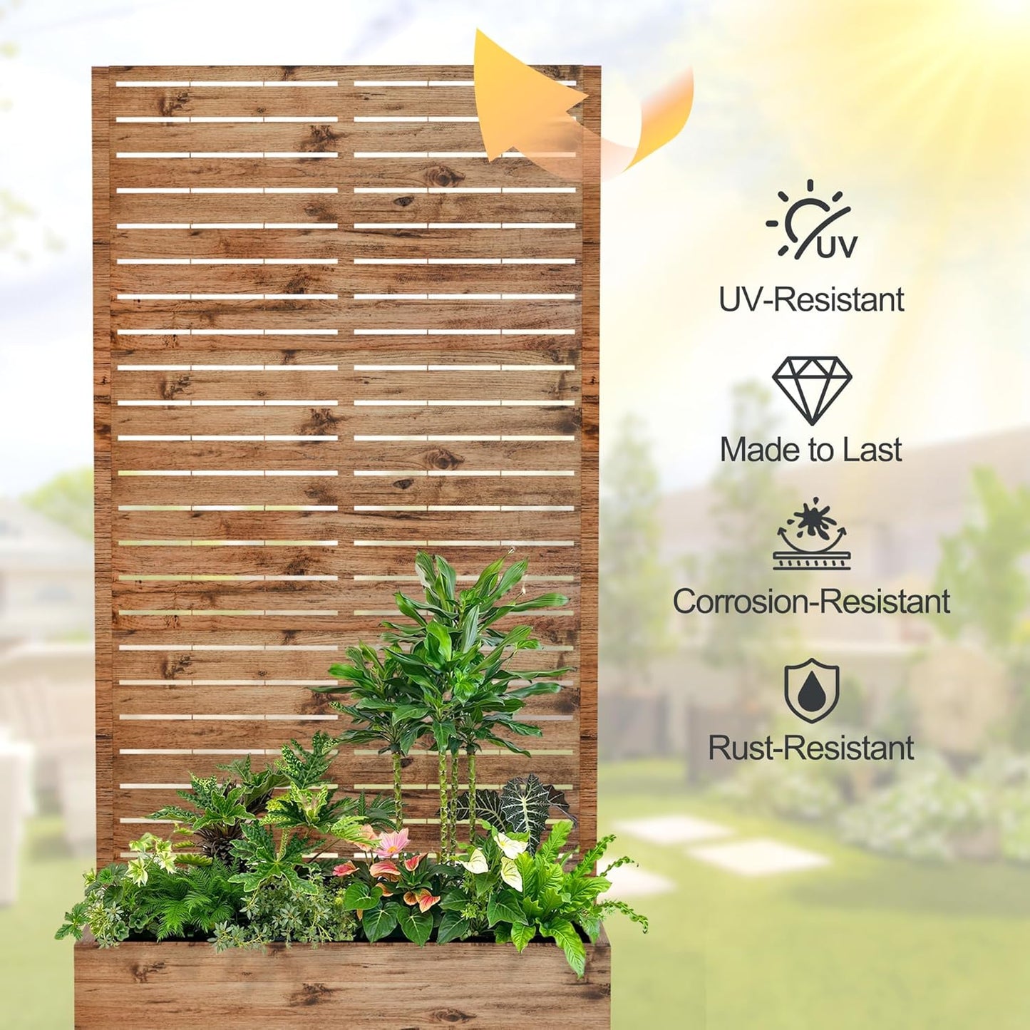 Raised Garden Bed with Trellis and Wheels,73"x35"x16" Metal Raised Garden Bed,Brown Wood Finish Metal Planter with Climbing Trellis for Vines & Vegetables