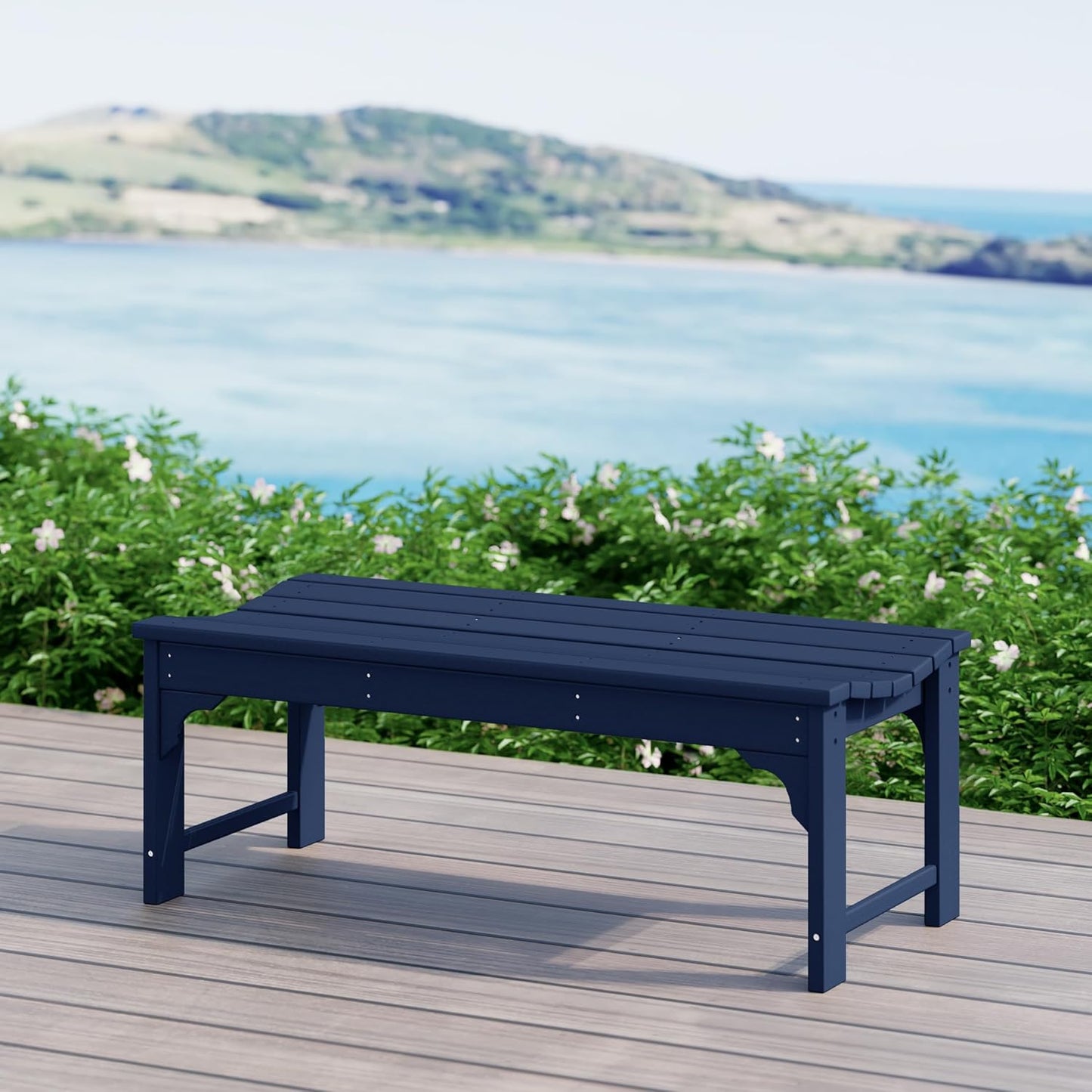 WestinTrends Malibu Outdoor Bench, All Weather Resistant Poly Lumber Backless Patio Garden Bench, Adirondack Curved Bench Seat for Comfort, Navy Blue