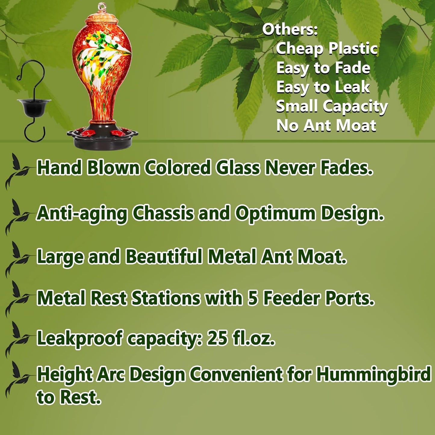 LUJII Hummingbird Feeder for Outdoors, Hand Blown Glass Humming Bird Feeder, Anti Fade Leakproof with 25 Ounces Nectar Capacity, Easy to Install Clean Refill, Include Hook & Ant Moat (Red)