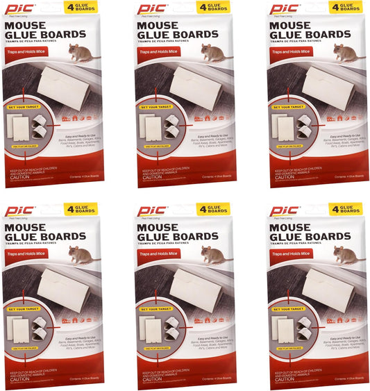PIC Mouse Glue Boards, Baited Glue Trap with Sticky Adhesive, Sticky Mouse Traps for Indoors, Trampas para Ratones Pest Control Trap, Easy to Set, Non-Toxic, Disposable, 6 Pack (24 Traps Total)