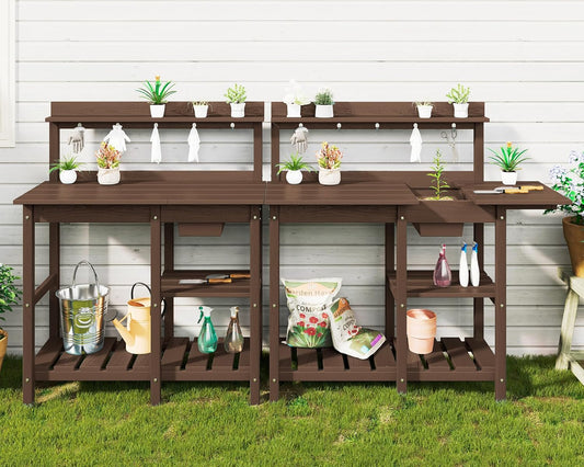 SERWALL Potting Bench Set of 2 Outdoor Potting Table with Sink, HDPE Potting Benches for Outside Gardening Table All Weather Use- Coffee