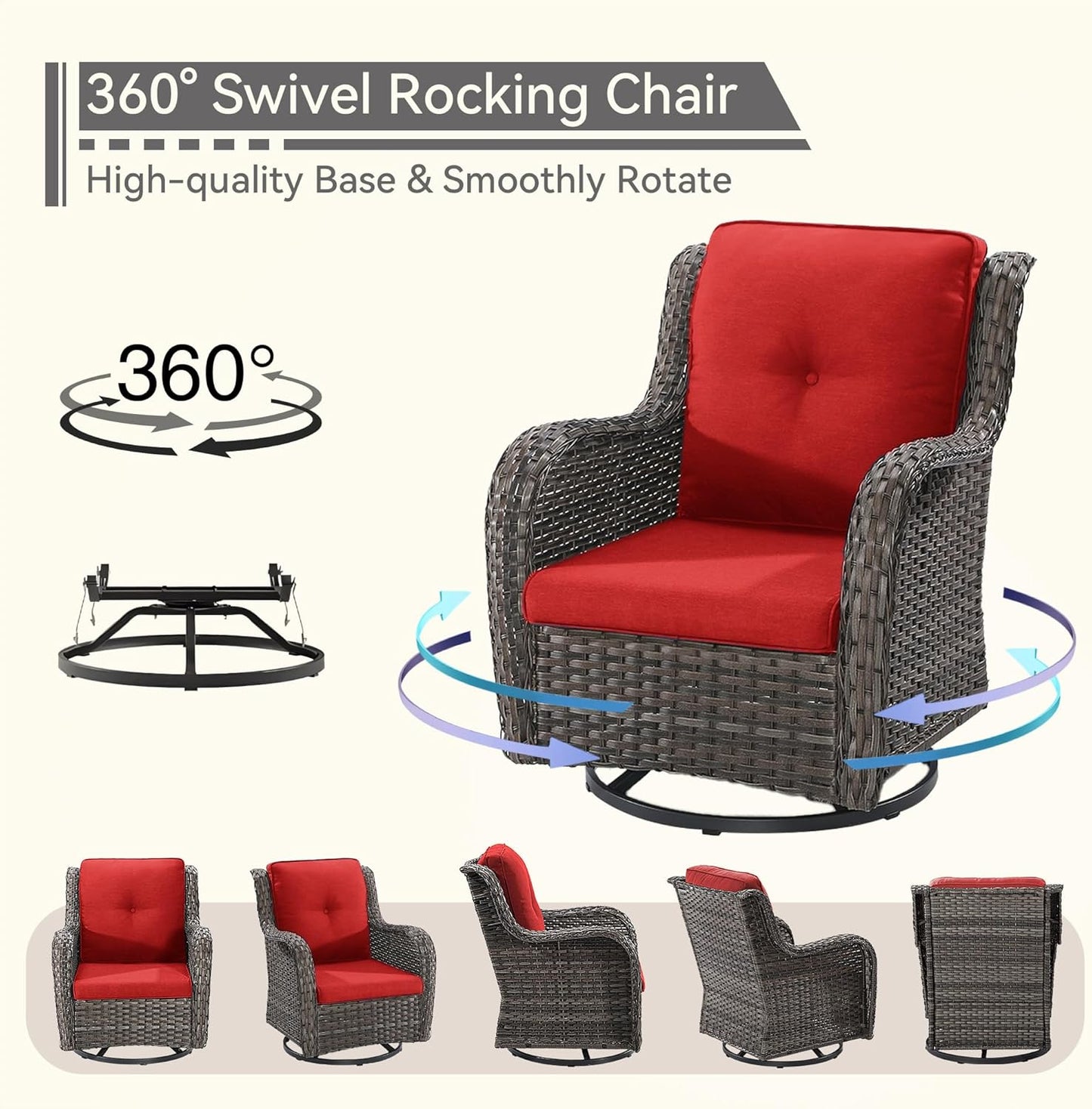 6 Pieces Outdoor Furniture Set - Patio Wicker Swivel Rocker Chair Set of 4 and 2 Side Table, Red, Mixed Brown Rattan, Suitable for Porch, Yard