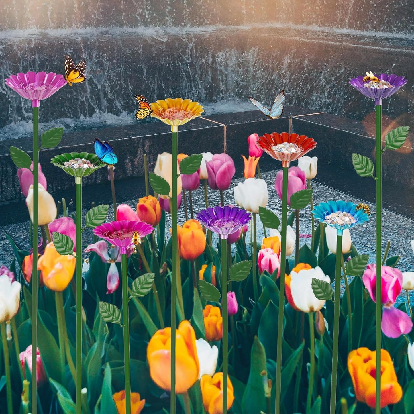 8 Pack Bee Watering Station, Bee Bath for Garden Metal Bee Water Feeder with Flower Design, Colorful Butterfly Bee Bath Bowl for Outdoor Garden Yard Decor