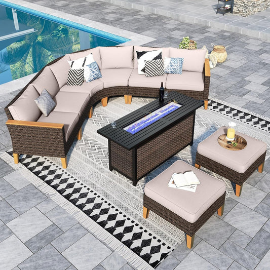 Sophia & William Patio Furniture Set with Fire Pit Table, 9 Piece Half Moon Outdoor Wicker Sectional Sofa Set, Rattan Conversation Set with 56-Inch Fire Pit Table & Ottoman (Beige)