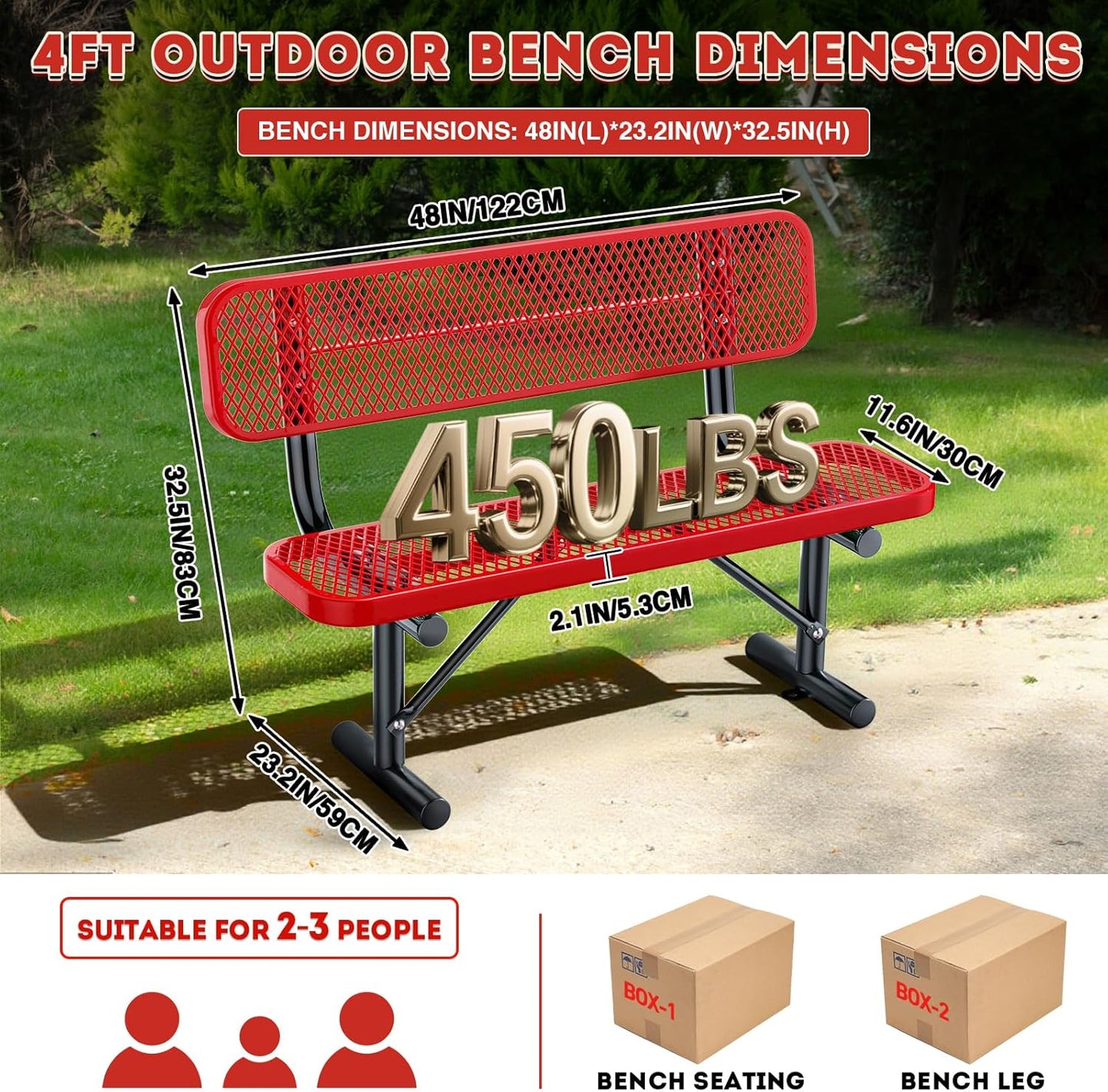 4 Feet Heavy Duty Park Bench with Back Portable Frame, Outdoor Steel Bench with Backrest, Expanded Metal Mesh Bench for Lawn, Park, Deck, Garden, Patio, Porch, Red