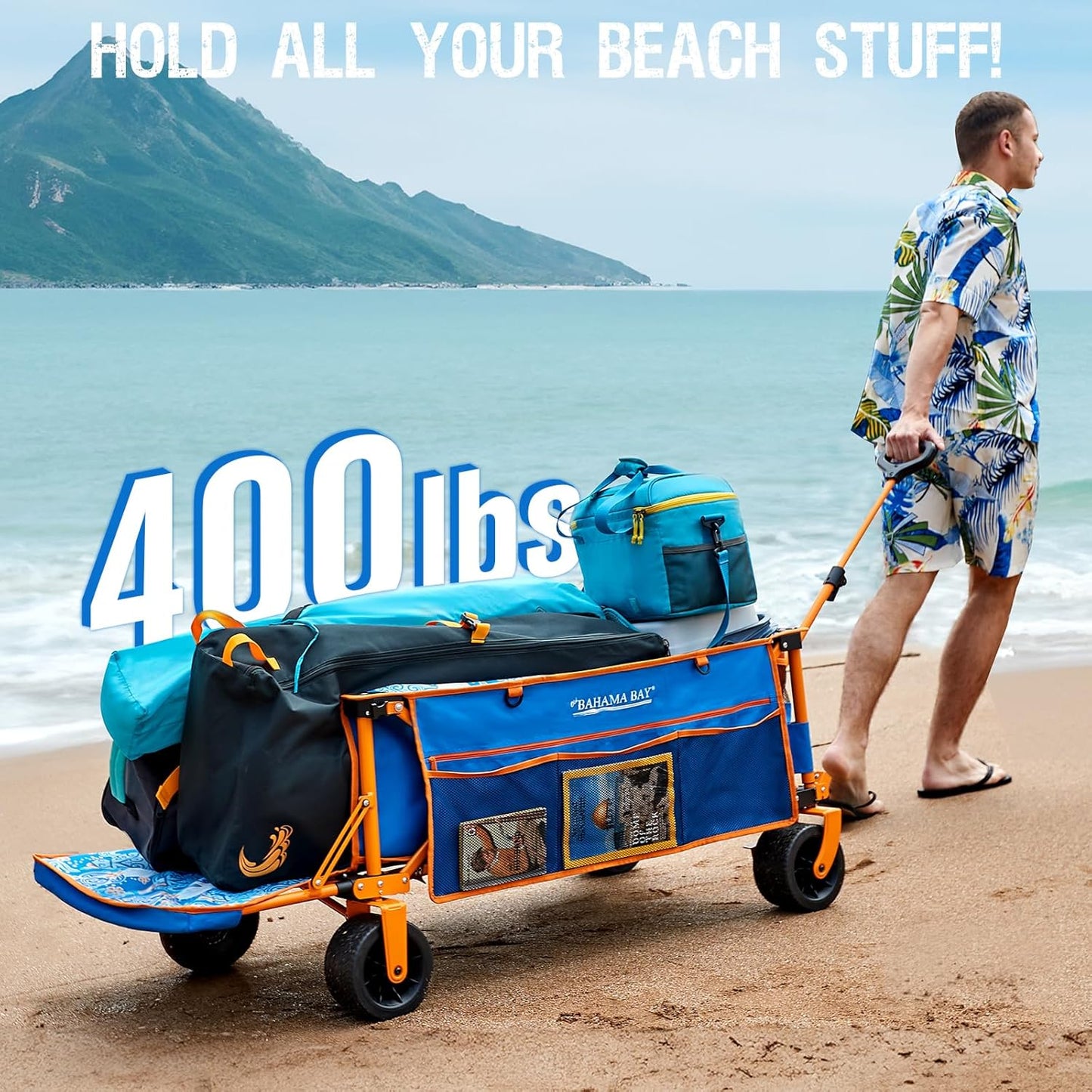 26"W Extra Wide 55"L Extra Long Beach Wagon with Tailgate,Heavy-Duty Utility Cart with 400 lbs Capacity, Compact Fold Design, Ideal for Beach, Camping, Groceries, and Outdoor Adventures