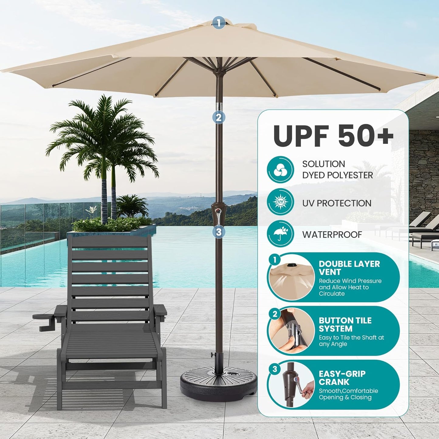 SERWALL Patio Chaise Lounge Chair Set of 2 with 9FT Patio Umbrella, 78'' HDPE Outdoor Lounger, Poly Lounge Chair with Rolling Wheels & Cup Holder for Pool,Slate Gray (Umbrella Base not Included)