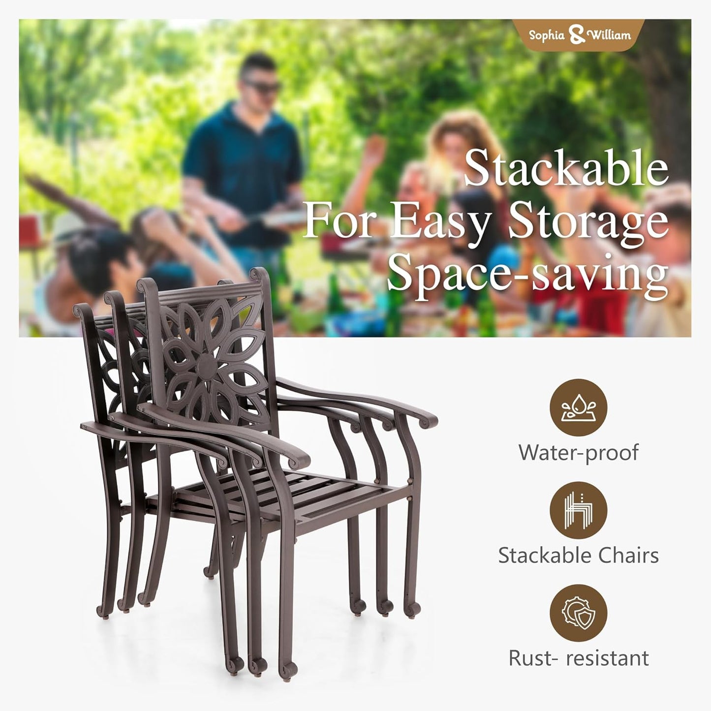 Sophia & William 7 Pieces Cast Aluminium Patio Dining Set for 6 People, Powder-Coating Outdoor Table and 4 Chairs & 2 Swivel Rocking Chairs, Outdoor Patio Table Set with 2.3" Umbrella Hole, Bronze