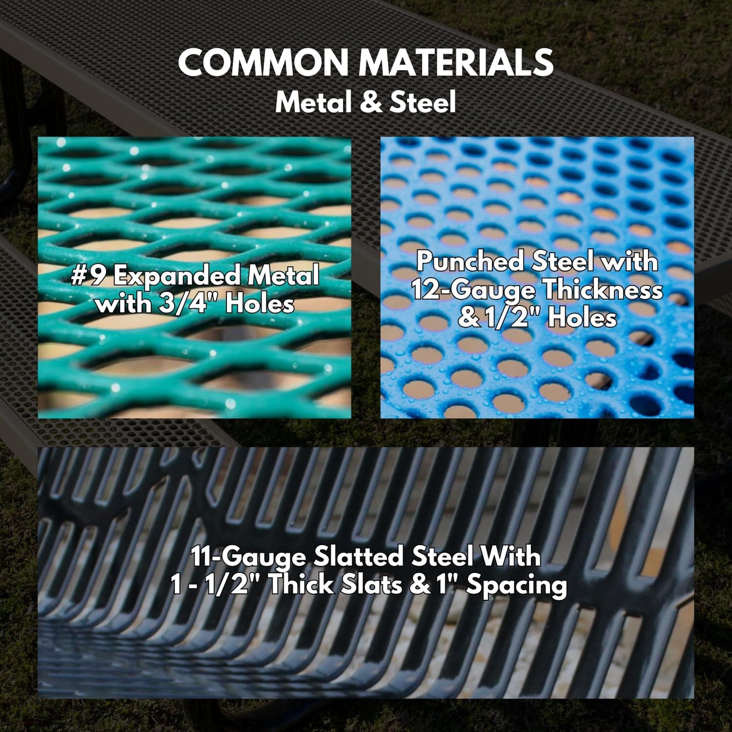 Heavy-Duty Outdoor Bench Thermoplastic Coated, Punched Steel, Commercial-Grade Garden Bench, Made in America (Portable with Back, 4 Ft, Textured Dark Blue)