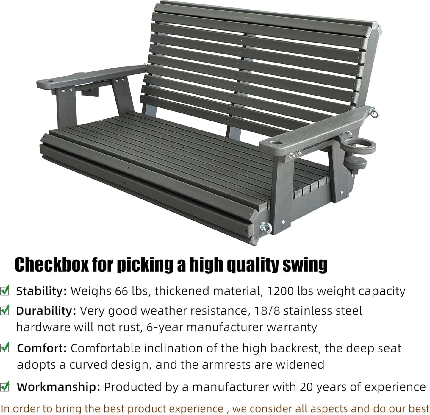 HDPE Porch Swing with 18/8 Stainless Steel Bolts, Ergonomic Design, Ultra Weather-Resistant, Heavy Duty 1200 LBS, for Outdoor Patio Garden Yard (Gray)