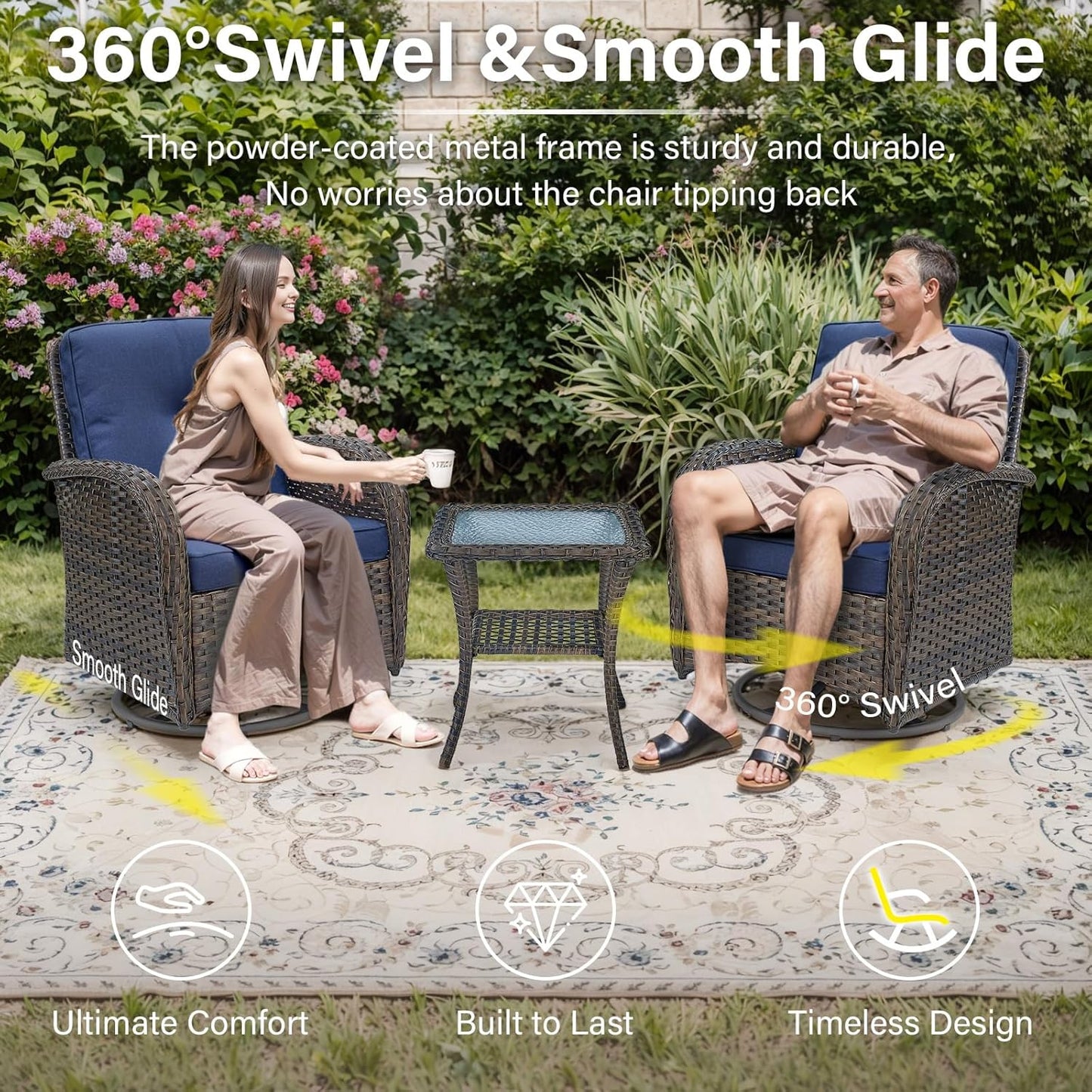 Grand 13 Pieces Outdoor Patio Furniture Set with 4 Swivel Glider Chairs and 50000 BTU Propane Fire Pit Table, Patio Conversation Set with Sofa and Wicker Side Table for Big Garden Backyard