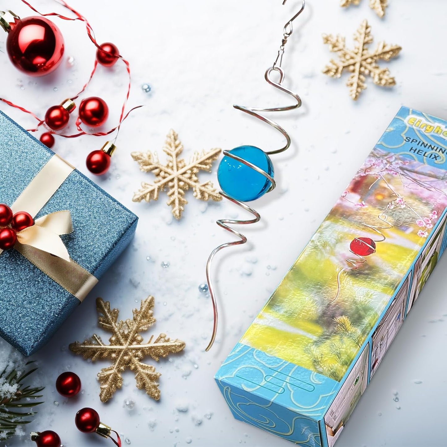 Gazing Ball Wind Spinner Spiral Tail with Blue Glass Orb | Creates Captivating Visual Illusion in Spinning, 13In Wind Spinners Stabilizer | Hanging Rotating Art Outdoor Garden Decor & Gift