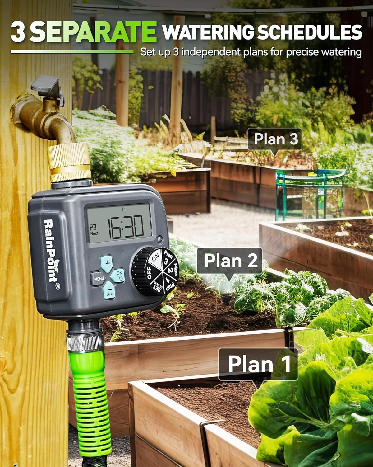 RAINPOINT Sprinkler Timer with 3 Different Programs, Waterproof Hose Timer Brass Inlet with Rain Delay/Manual/Automatic Irrigation System, 1 Outlet