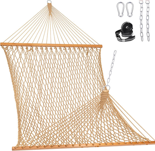 Lazy Daze Hammocks Double Rope Hammock, 2 Person Traditional Outdoor Hand Woven Cotton Rope Hammock with Spreader Bar, Chains, Tree Straps for Patio Yard - Max 450 Lbs, Tan
