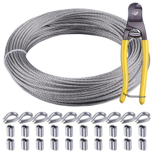 100FT 1/16" Wire Rope Kit, 7x7 Marine Stainless Steel Strand Core, T316 Strength for Hanging, Aircraft, Yard, Garden, Deck Railing, Trellis Wire with Crimping Sleeves, Thimbles, Cable Cutter