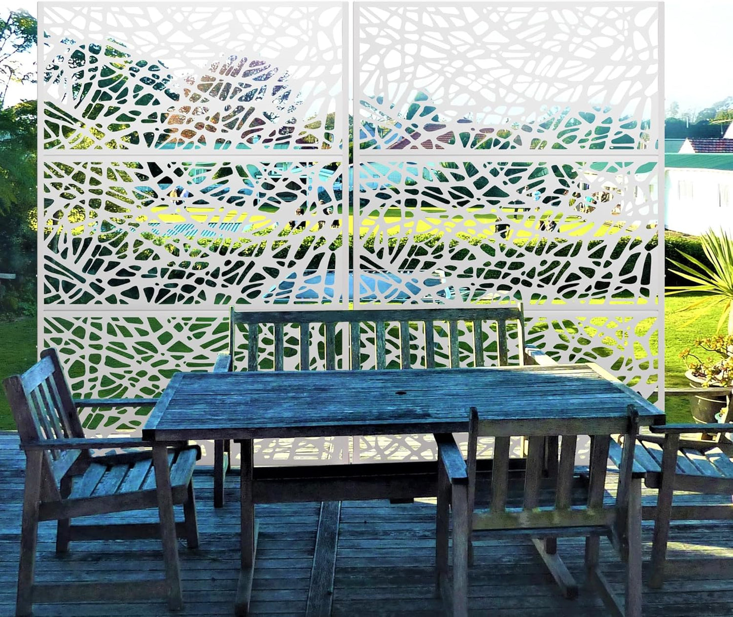 Metal Privacy Screen Outdoor 72" H×47" W,Freestanding Decorative Privacy Screen for Balcony Yard&Garden,Privacy Fence-White&Net