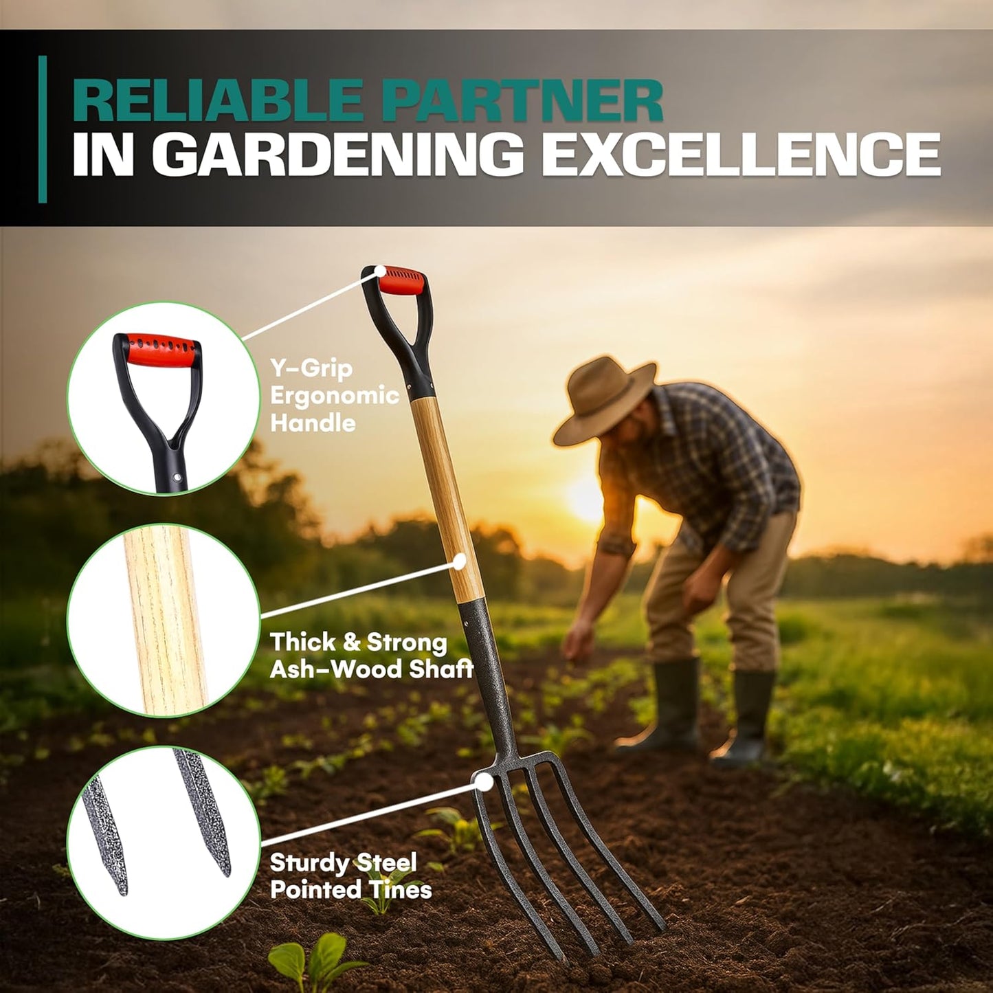 2WAYZ Pitchfork for Gardening - Heavy-Duty Broad Garden Fork - Stainless Border Digging Fork - Wood and Steel Pitch Fork- Durable, Rugged, Professional Quality Tool - 40.6 x 7.1 inch (Black and Red)