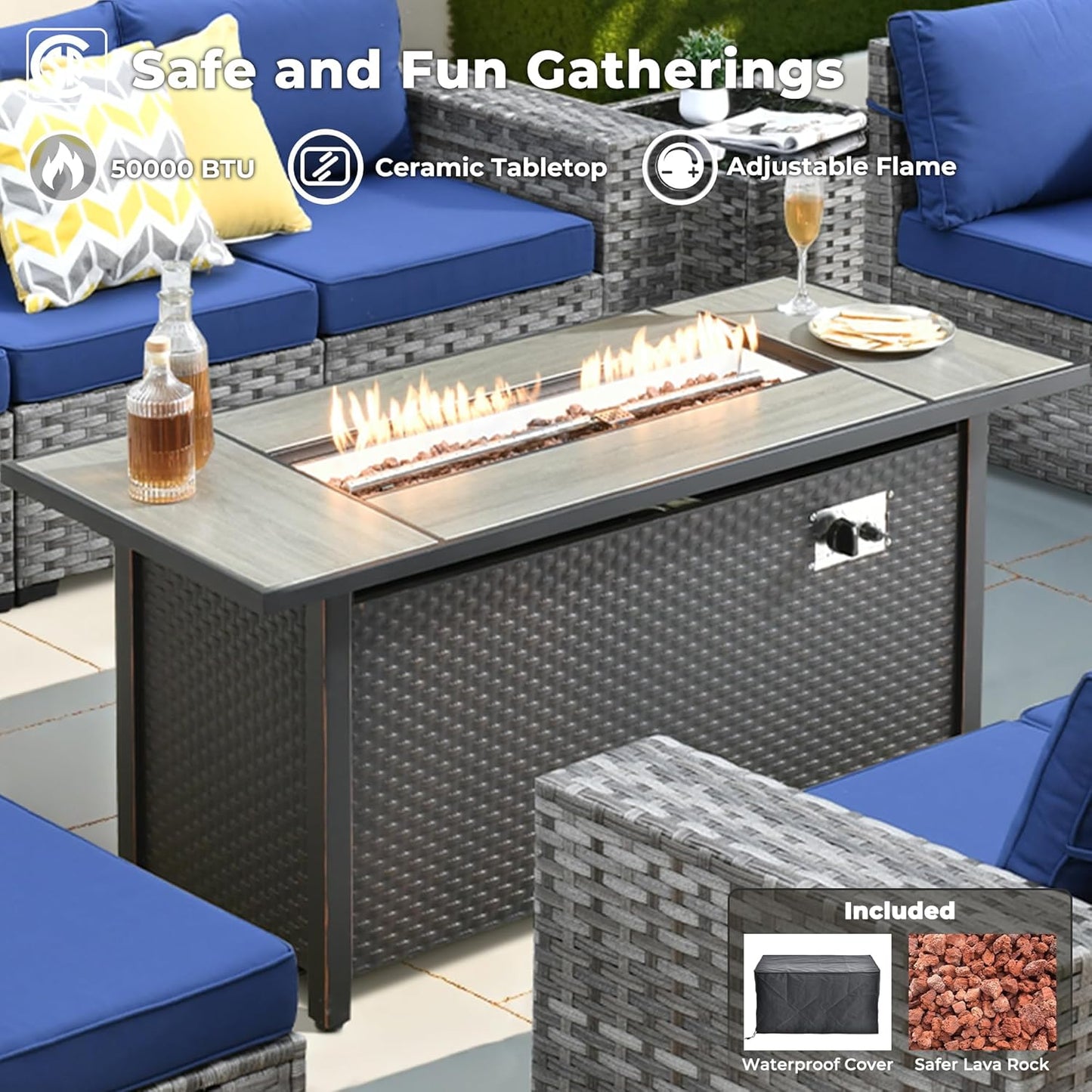 ovios 16 Pieces Patio Furniture Set, Outdoor Wicker Sectional Sofa with 54" Fire Pit Table Swivel Chairs, Modern Modular Deep Seat Rattan Couch Conversation Sets, Navy Blue