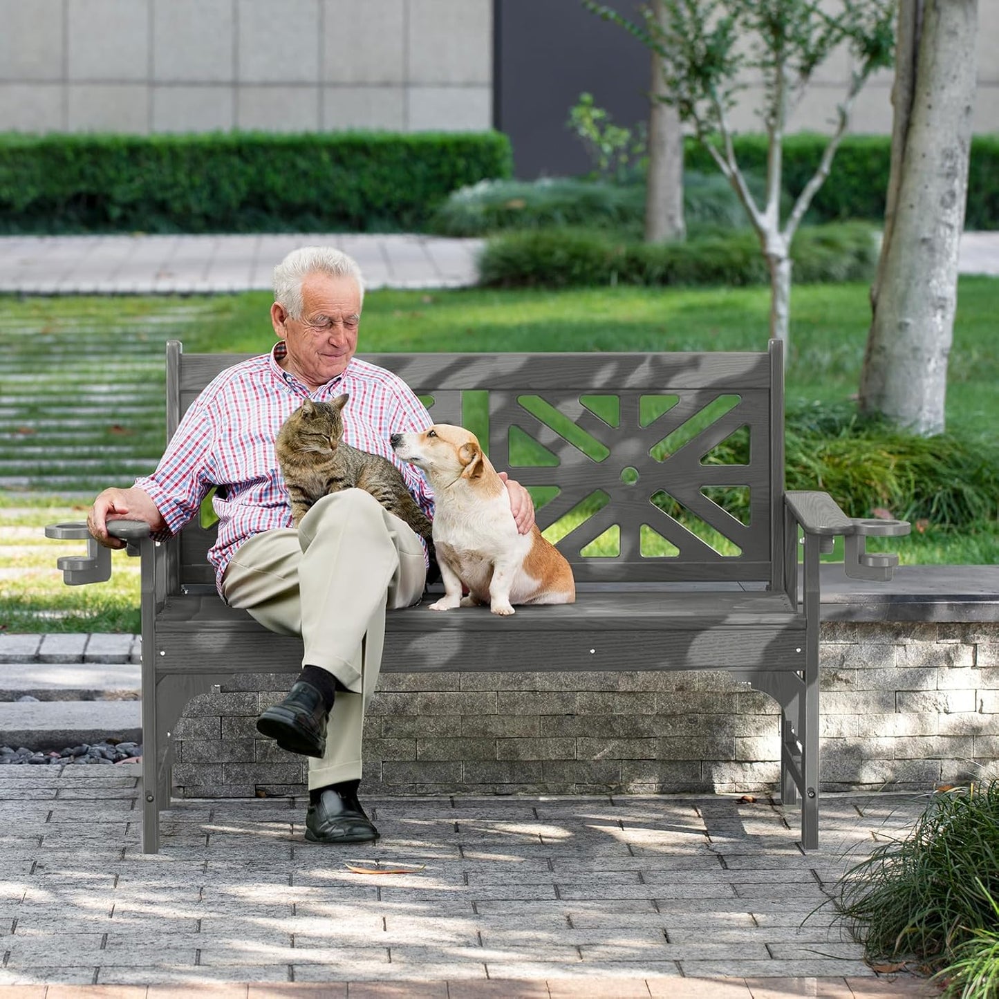 nalone Outdoor Bench with Cup Holders, HDPE All Weather Porch Bench Load up to 800 Lbs, 2-Person Garden Benches Rot-Proof Fade Proof for Patio, Porch, and Park (Grey)