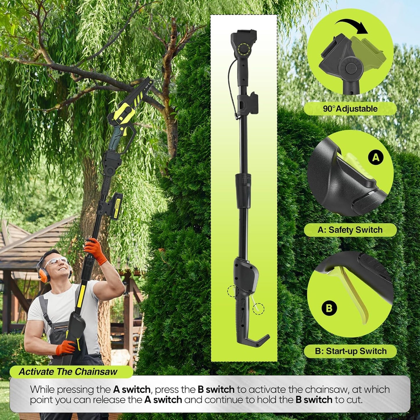 Saker Cordless Pole Saw and Mini Chainsaw,2-IN-1 Pole Chainsaw,Brushless Electric Pole Saw Battery Powered 6 Inch Chainsaw, 78.74 Inch Max Reach Tree Trimmer Pole Saw