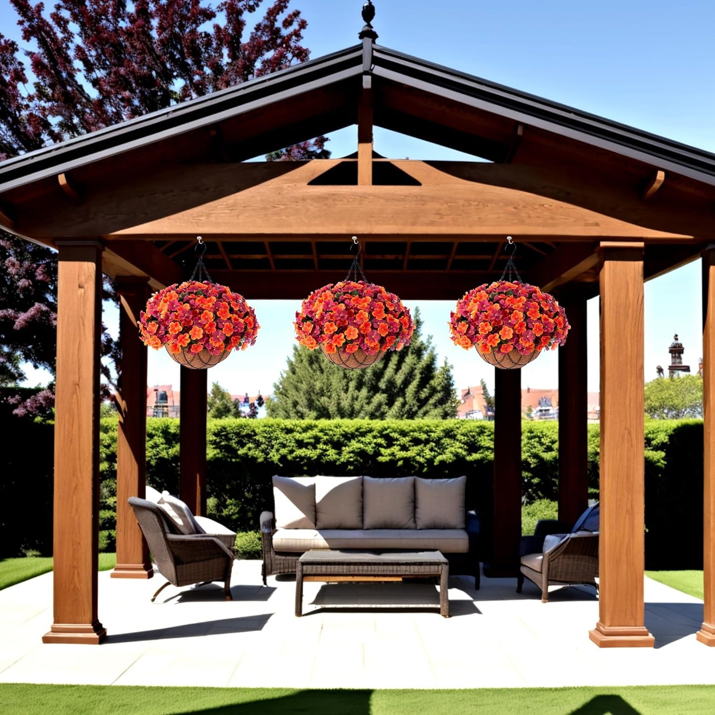 Fall Artificial Hanging Flowers with 12" Basket for Outdoor Decor, Fake Hydrangea UV Resistant Arrangements in Pot Planter Decor for Indoor Porch Garden Yard(Orange Brown)