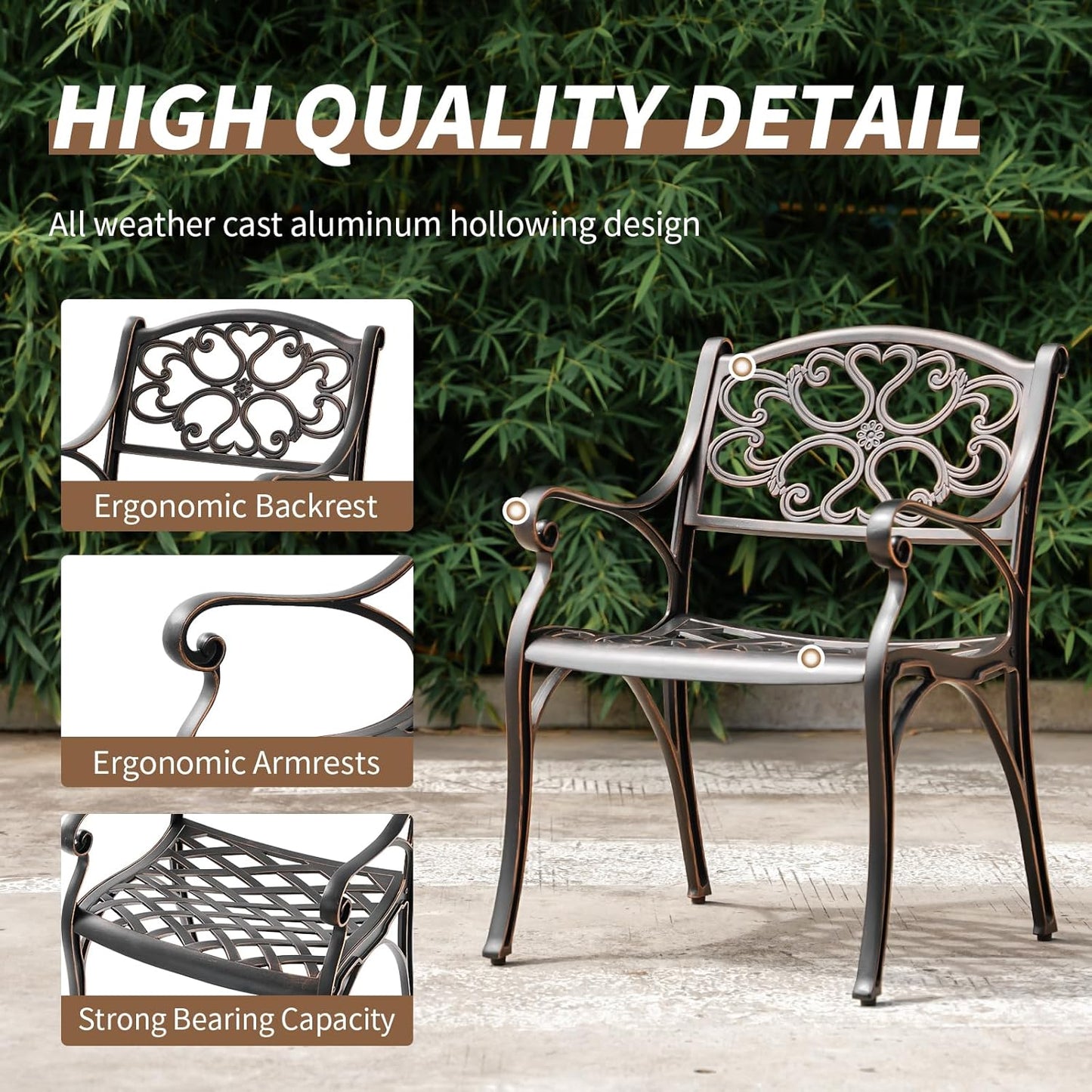 5 Piece Outdoor Patio Dining Set, All-Weather Cast Aluminum Table and Chairs Set of 4, Bistro Set Outdoor with Umbrella Hole for Garden, Porch
