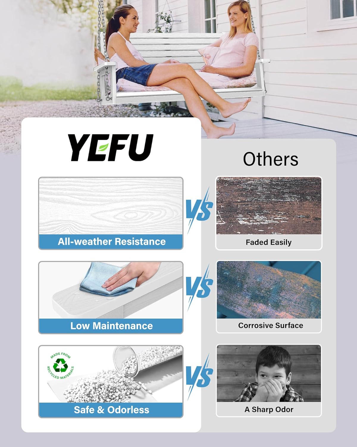 YEFU Porch Swing, 2-Seat Outdoor Swing, Waterproof Hanging Porch Swings Chair, Weather Resistance Patio Swings,for Garden and Backyard,Composite Material,660LBS Weight Capacity,4FT,White