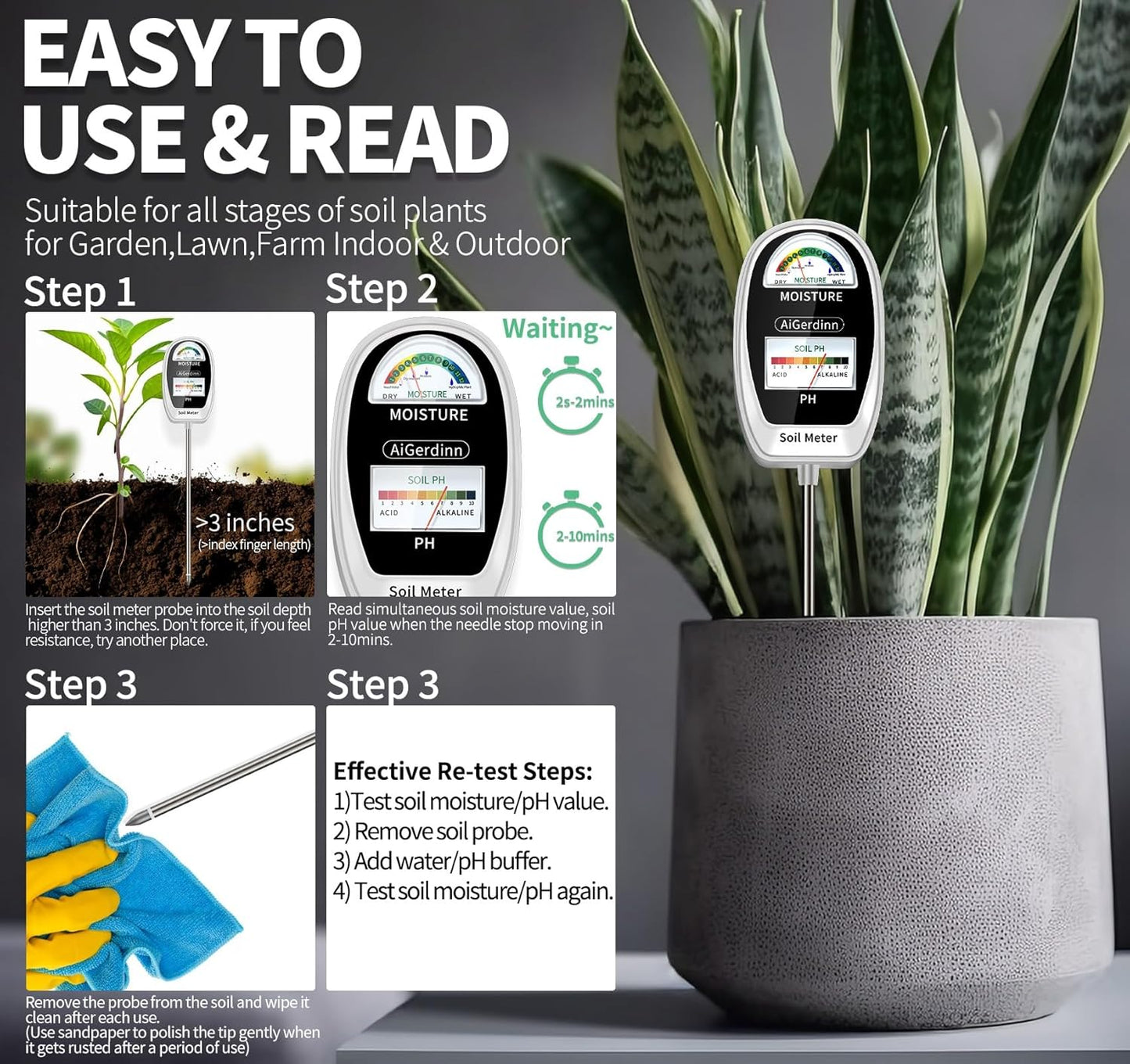 Soil Test Kit, 2-in-1 Soil Moisture Meter, Soil pH Meter -Dual Dial-Simultaneously-Display Results-Soil pH Tester, Moisture Meter for Garden,Lawn,Farm Indoor&Outdoor Plants-PureWhite