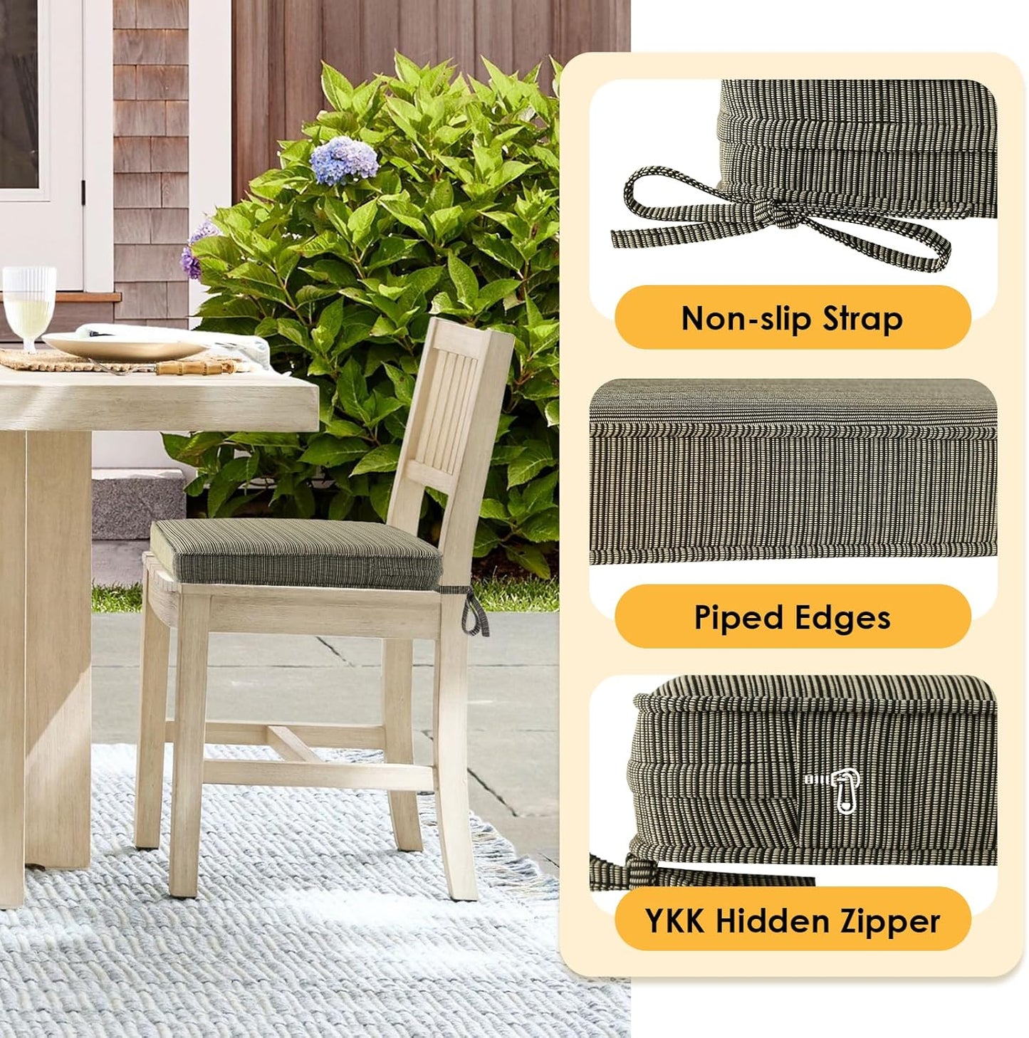 Outdoor Square Corner Seat Cushion, 19"x19"x3", Set of 4, Non Slip Seat Cushion Pads with Removable Cover for Patio Furniture, Garden Yard Lawn, Dark Black Tan Stripe