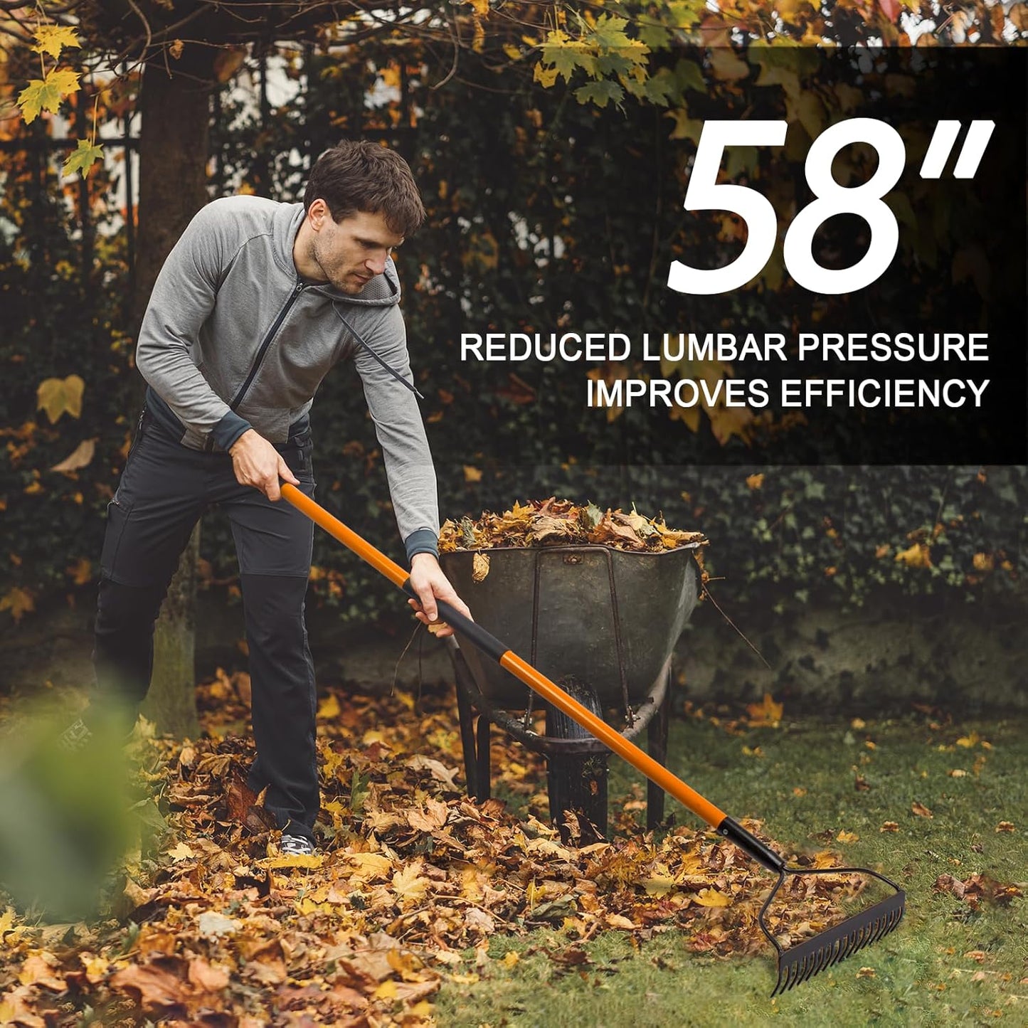 Garden Rake for Gardening, Heavy Duty Garden Rake for Lawns, 14 Tines Bow Rake with Fiberglass Handle, 58 Inches