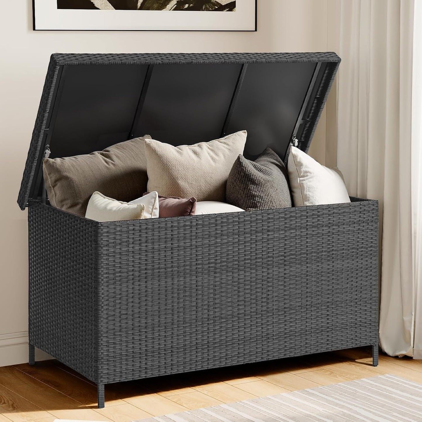 158 Gallon XL Deck Box with Lid, All Weather Wicker Outdoor Storage Box Waterproof, Large Outdoor Patio Storage Bin for Cushions, Garden Tools, Gears, Pool Accessories, Black