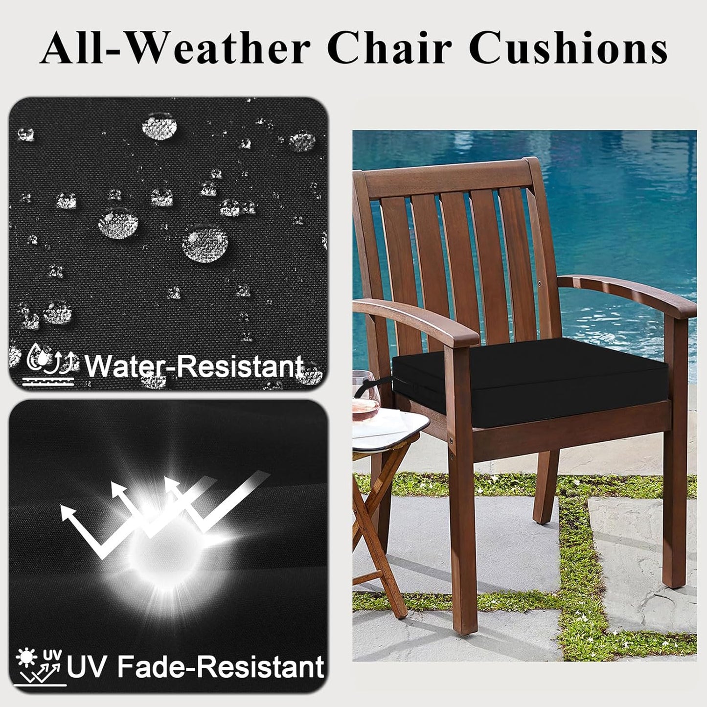 Outdoor Chair Cushions Set of 2 for Patio Furniture 19x19x4 Inch Waterproof Patio Chair Cushion 3 Year Color Fastness Square Elastic Foam Garden Couch Pads with Ties and Handle,Black