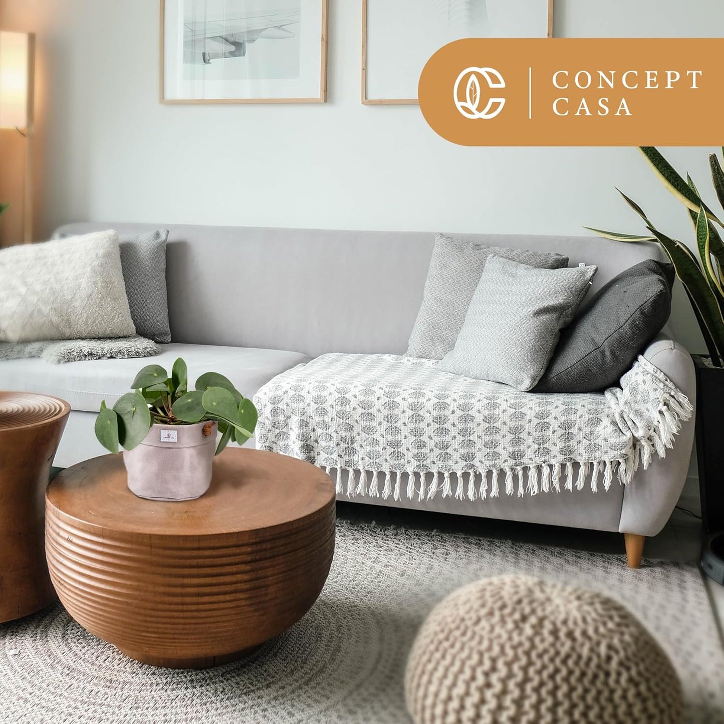 Large Waxed Canvas Handmade Hanging Planter for Indoor/Outdoor Plants, Hanging Basket Plant Holder Stone Gray with Hook