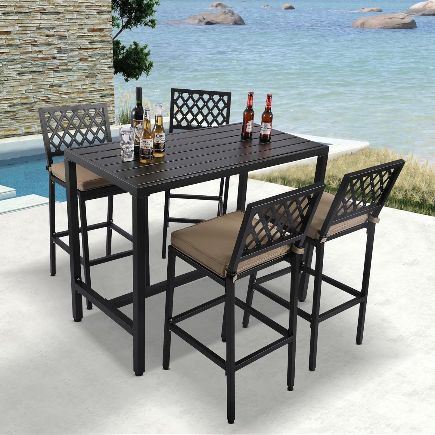 5-Piece Outdoor Patio Bar Set, Bar Height Patio Dining Set, Weather-Resistant Bistro Counter Pub Set with Cushions & Slatted Tabletop for Backyard, Garden, Yard
