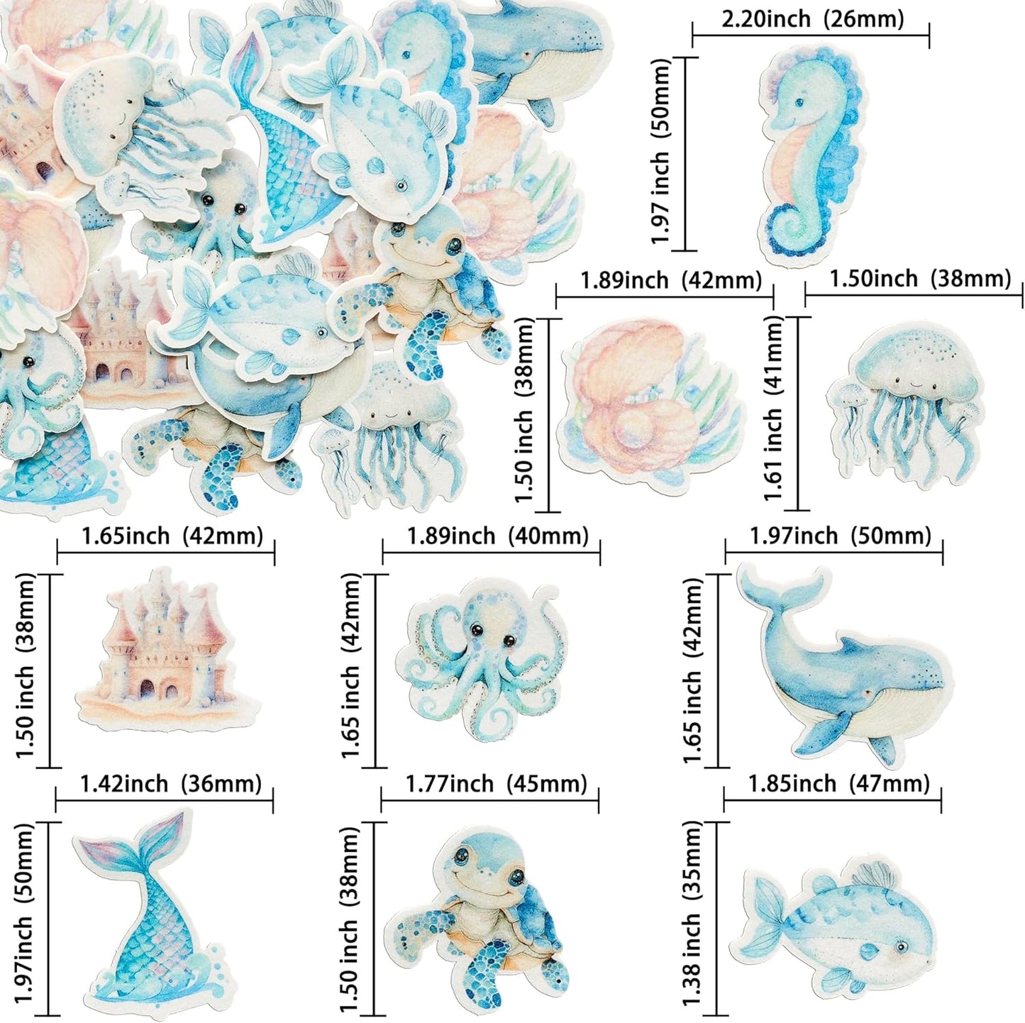 Ephlyn 54Pcs Edible Ocean Animal Cupcake Toppers Wafer Paper Octopus Dolphin Turtle Crab Mermaid Tail Cake Picks for Under the Sea theme Birthday Party Supplies Pink Blue