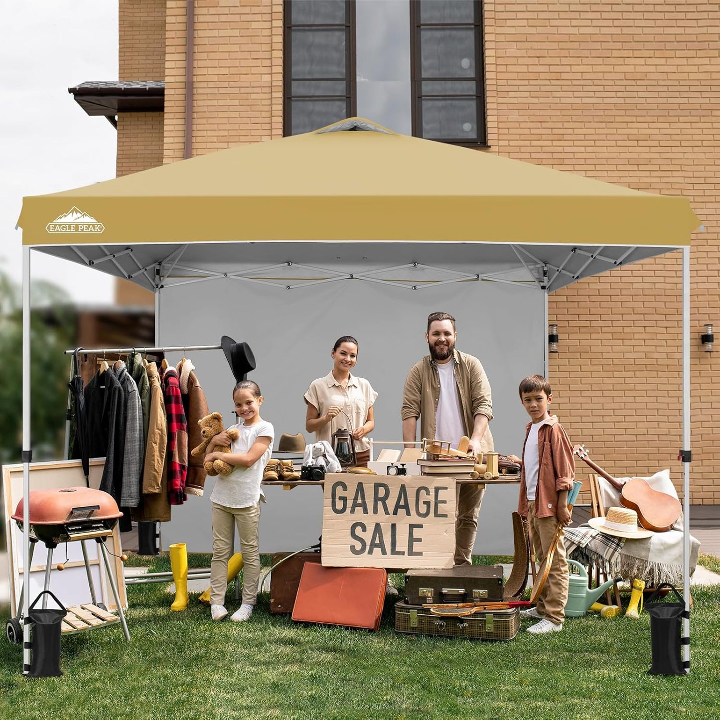 EAGLE PEAK Pop Up Canopy Tent with 1 Sidewall, Easy Setup Event Tent, Outdoor Sun Shade, Wheeled Carry Bag, Stakes and Guy Ropes, Instant Canopy 10x10, Beige