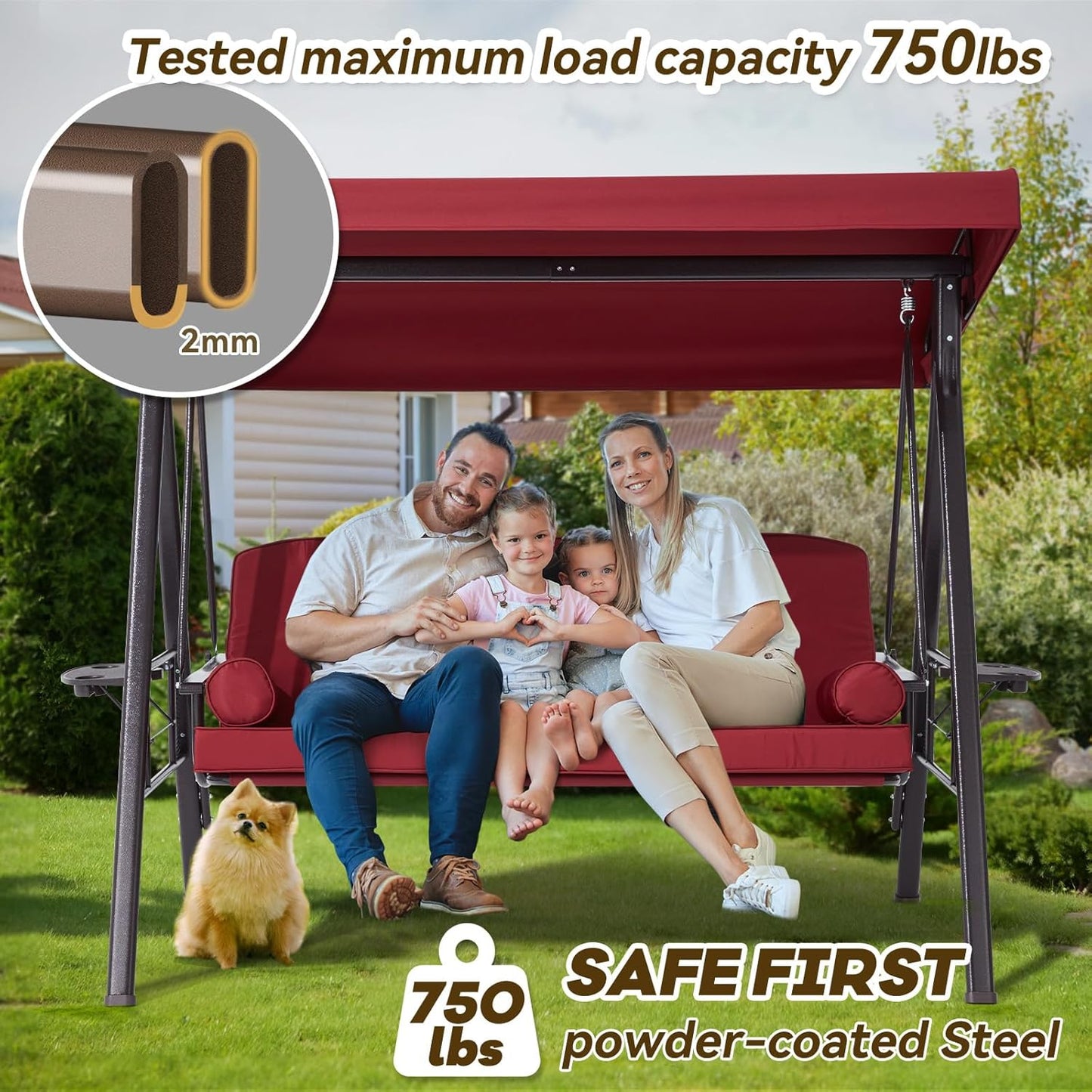 3 in 1 Outdoor Porch Swing with Adjustable Canopy, 3 Seat Outdoor Swing for Adults, Patio Swing Chair with Thickened Cushions,Pillows & Cup Holders for Backyard, Porch, Garden (Wine Red)