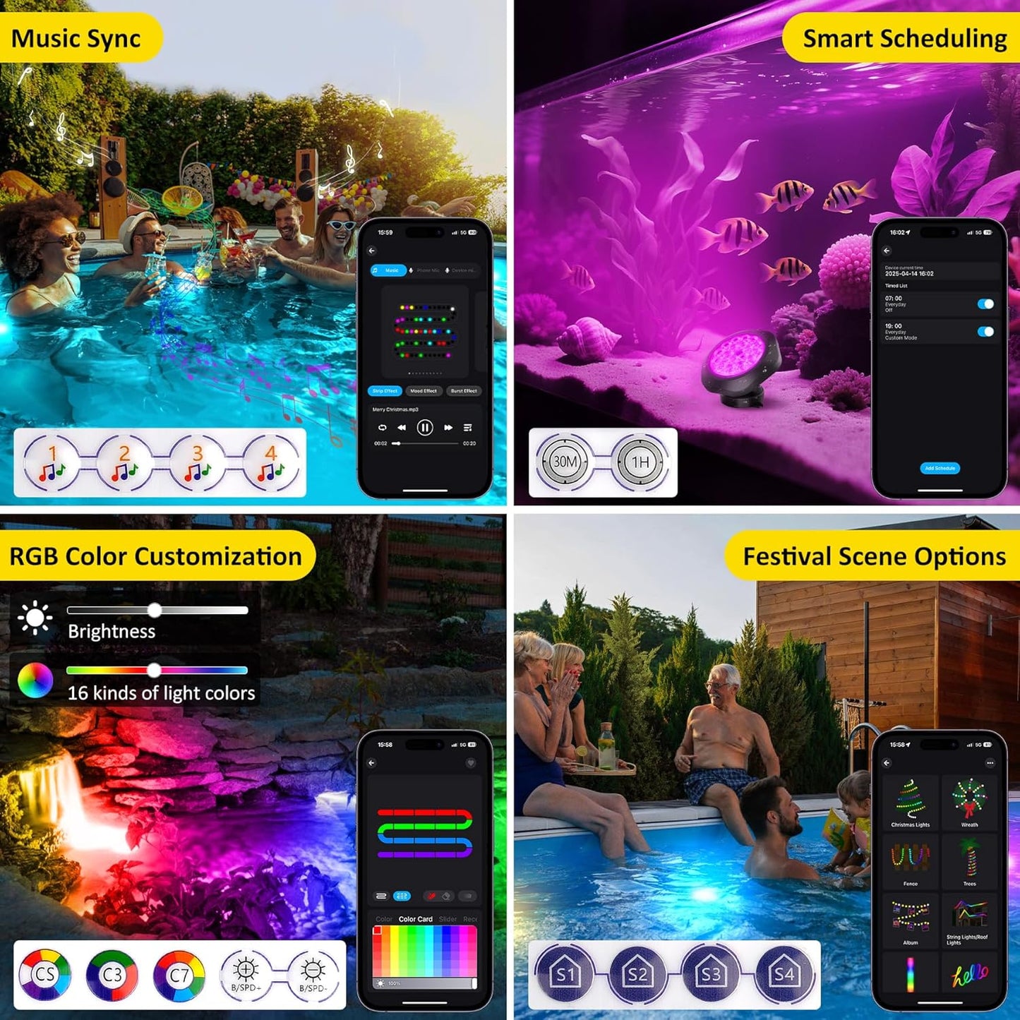 T-SUN Color Changing Underwater Pond Lights, IP68 Waterproof Fountain Lights Dimmable Timer Submersible LED Landscape Spotlights for Outdoor Koi Fish Tank Aquarium Garden(Set of 5)