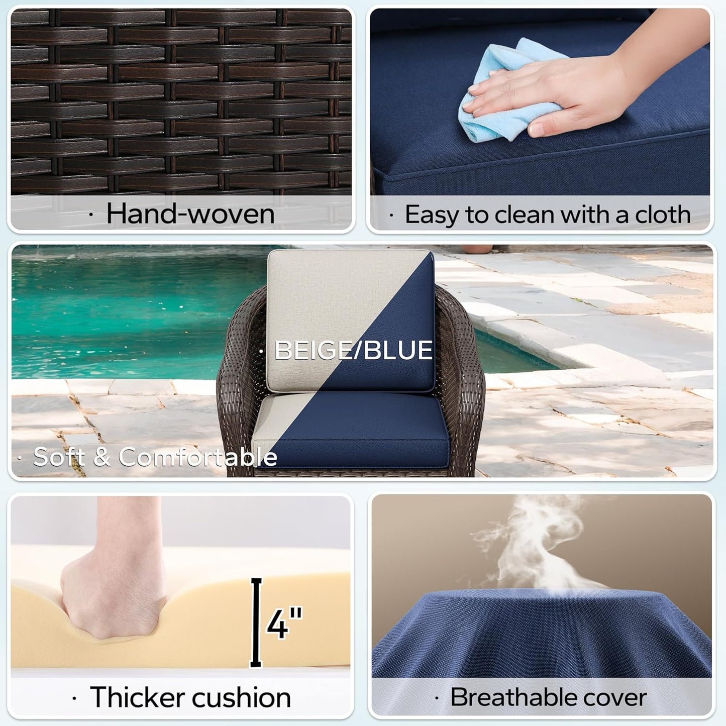 5 Pieces Outdoor Patio Conversation Furniture Set, 4 Pieces Rattan Glider 360 Degree Swivel Rocker Chairs with Removable Cushions, Coffee Table for Porch, Poolside (Navy Blue)