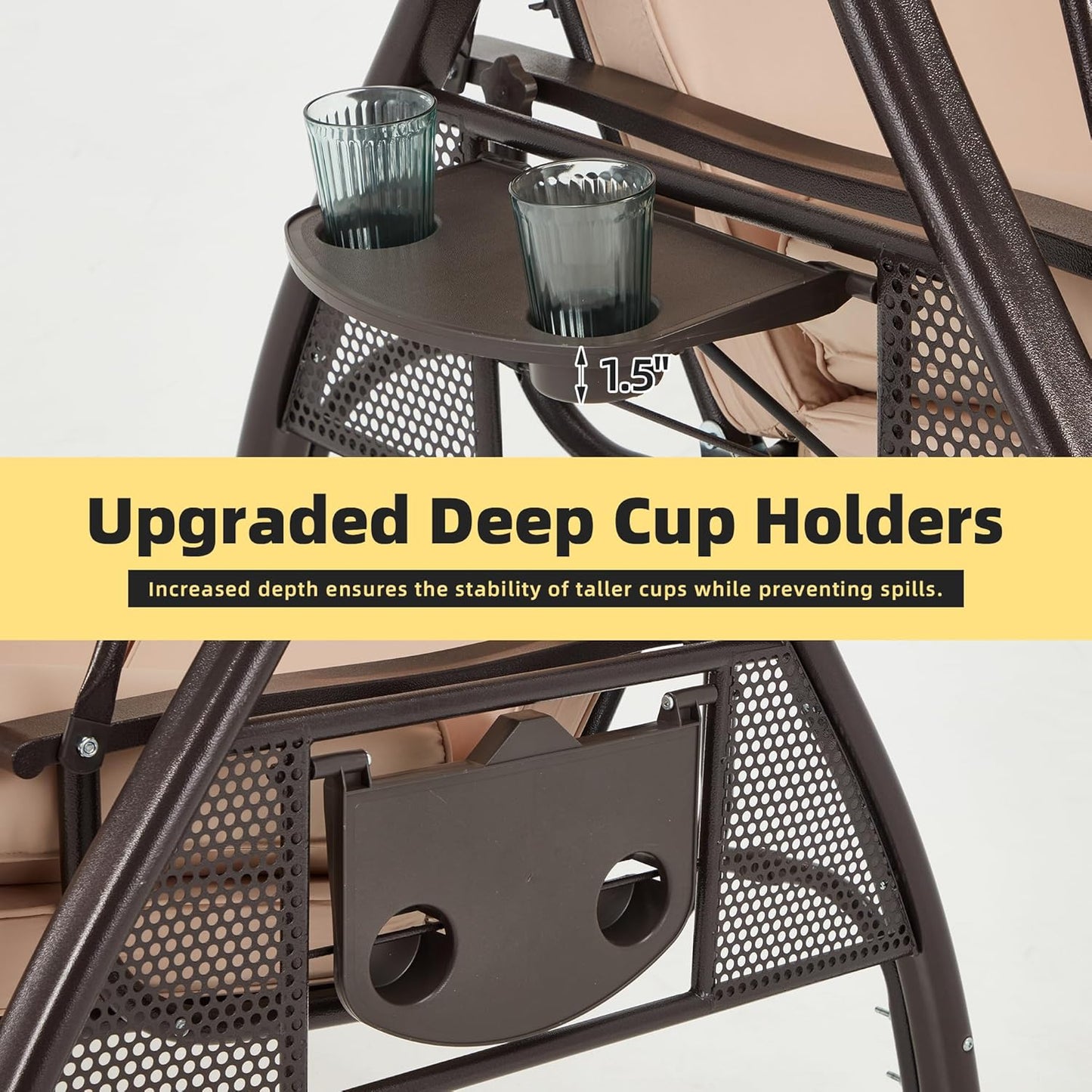 HOMREST 3 Person Outdoor Porch Swing with 1.5" Upgraded Cup Holder, Adjustable Canopy, Backrest, Patio Swing Bed with Weather Resistant Steel Frame, Cushions for Garden,Deck and Poolside(Khaki)