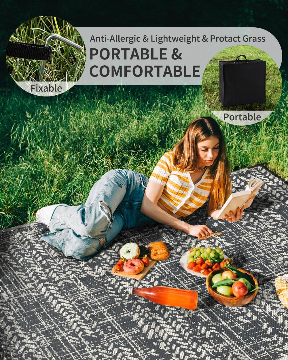 MontVoo Outdoor Rug 9x12 Waterproof-Patio Rug Outdoor Carpet Reversible RV Camping Picnic Plastic Straw Rug Outside Outdoor Area Rug for Balcony Deck Backyard Patio Decor Boho Modern Abstract Grey