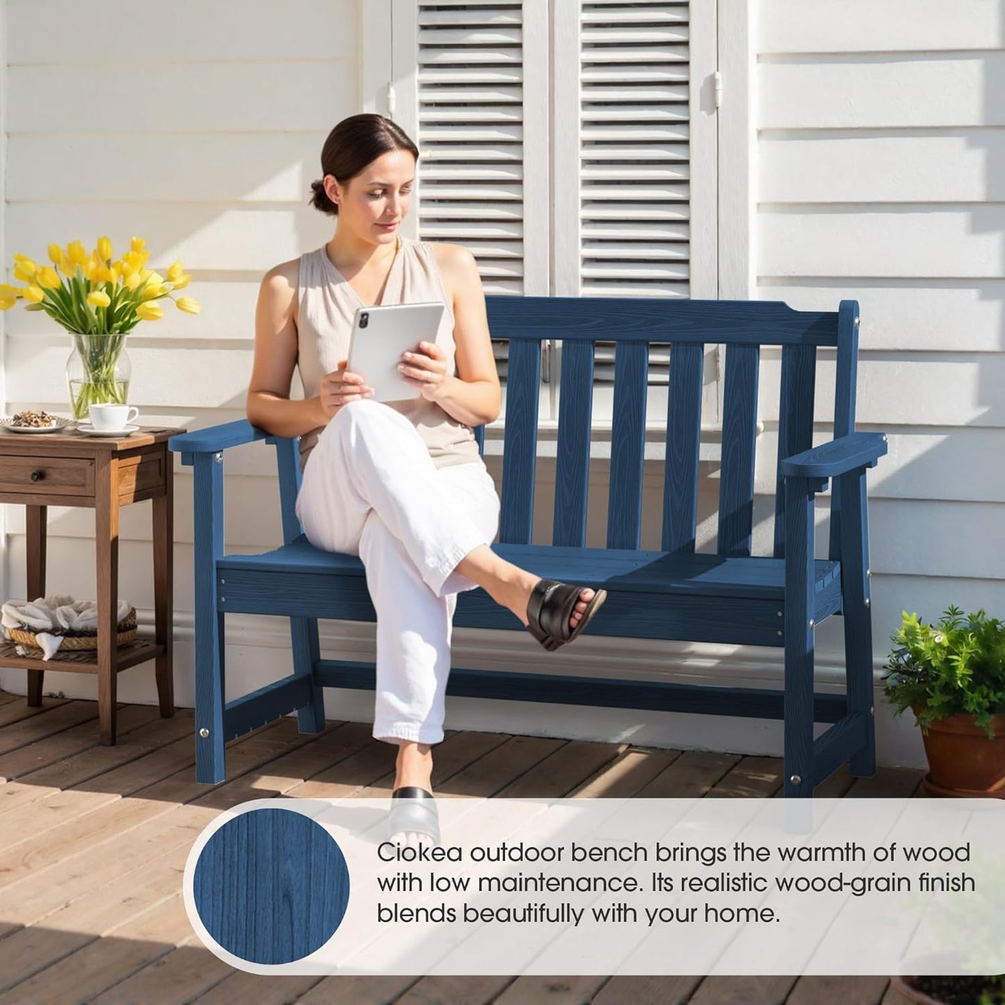 Ciokea 46" Heavy Duty Outdoor Bench, HDPE Weatherproof Garden Benches, Durable 2-Person Porch Benches with 660 Lbs, Waterproof Patio Bench for Outside Balcony Deck Backyard, Navy Blue