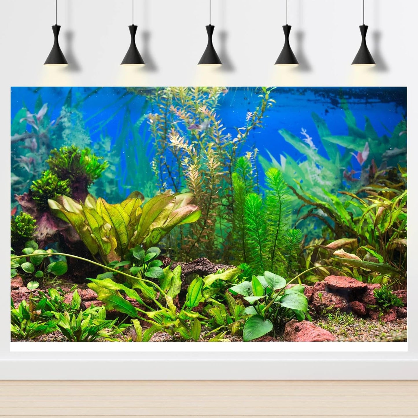 Aquarium Background Various Underwater Grass Plants Aquarium Backdrop Vivid and Fresh Green Aquatic Plants Stone River Bed and Dead Wood Purple Stone Fish Tank Background 24x16in