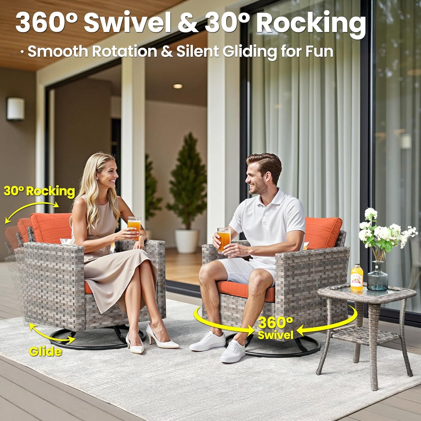 ovios 9 Pieces Patio Furniture Set, Outdoor Wicker Sectional Sofa with 2 Swivel Chairs Coffee Table, Modern Modular Deep Seat Rattan Couch Conversation Sets, Orange Red