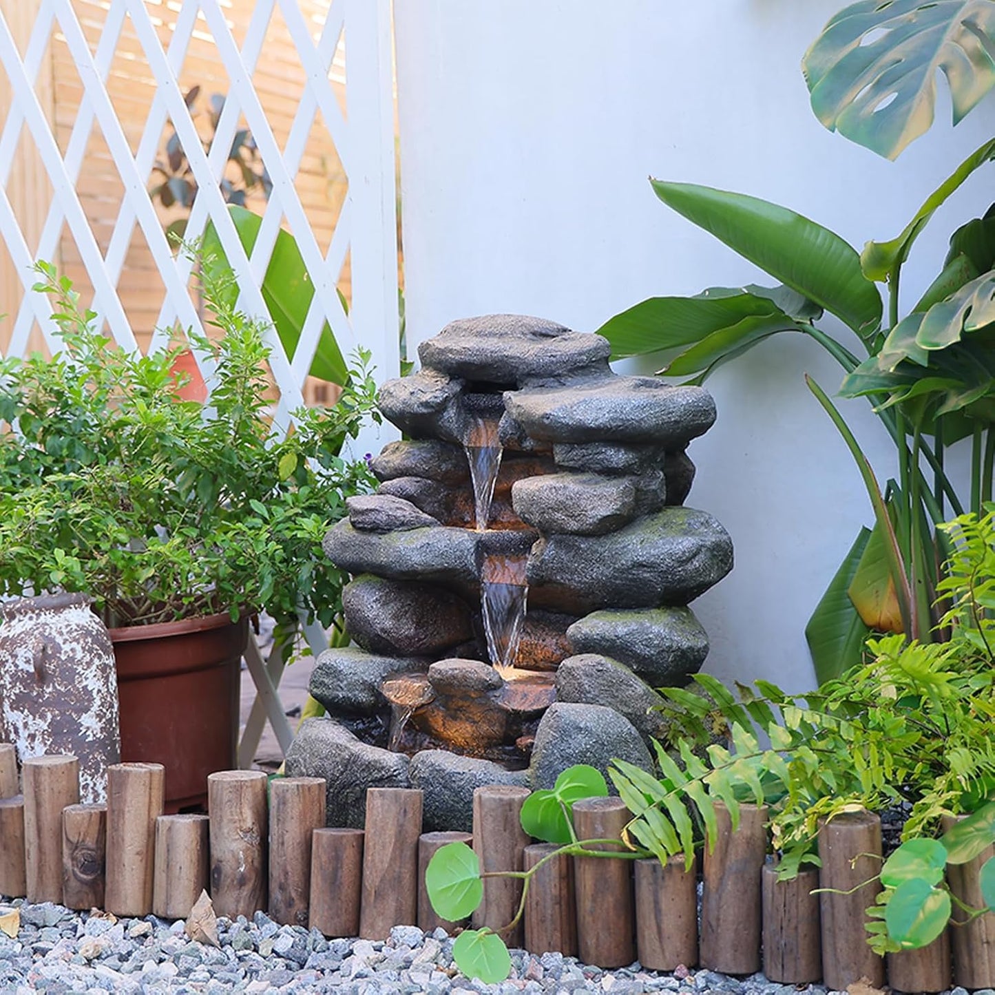 4-Tier Rock Water Fountain Outdoor Waterfall Garden Decor, 23.4" Cascading Waterfall With LED Lights for Patio, Lawn, Backyard, and Home, Faux Stone Design