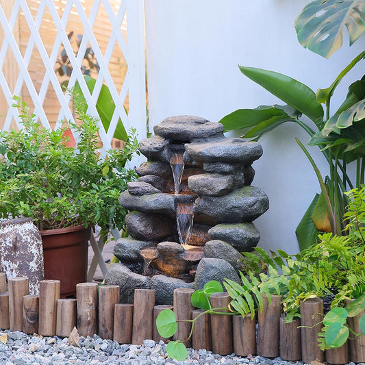 4-Tier Rock Water Fountain Outdoor Waterfall Garden Decor, 23.4" Cascading Waterfall With LED Lights for Patio, Lawn, Backyard, and Home, Faux Stone Design