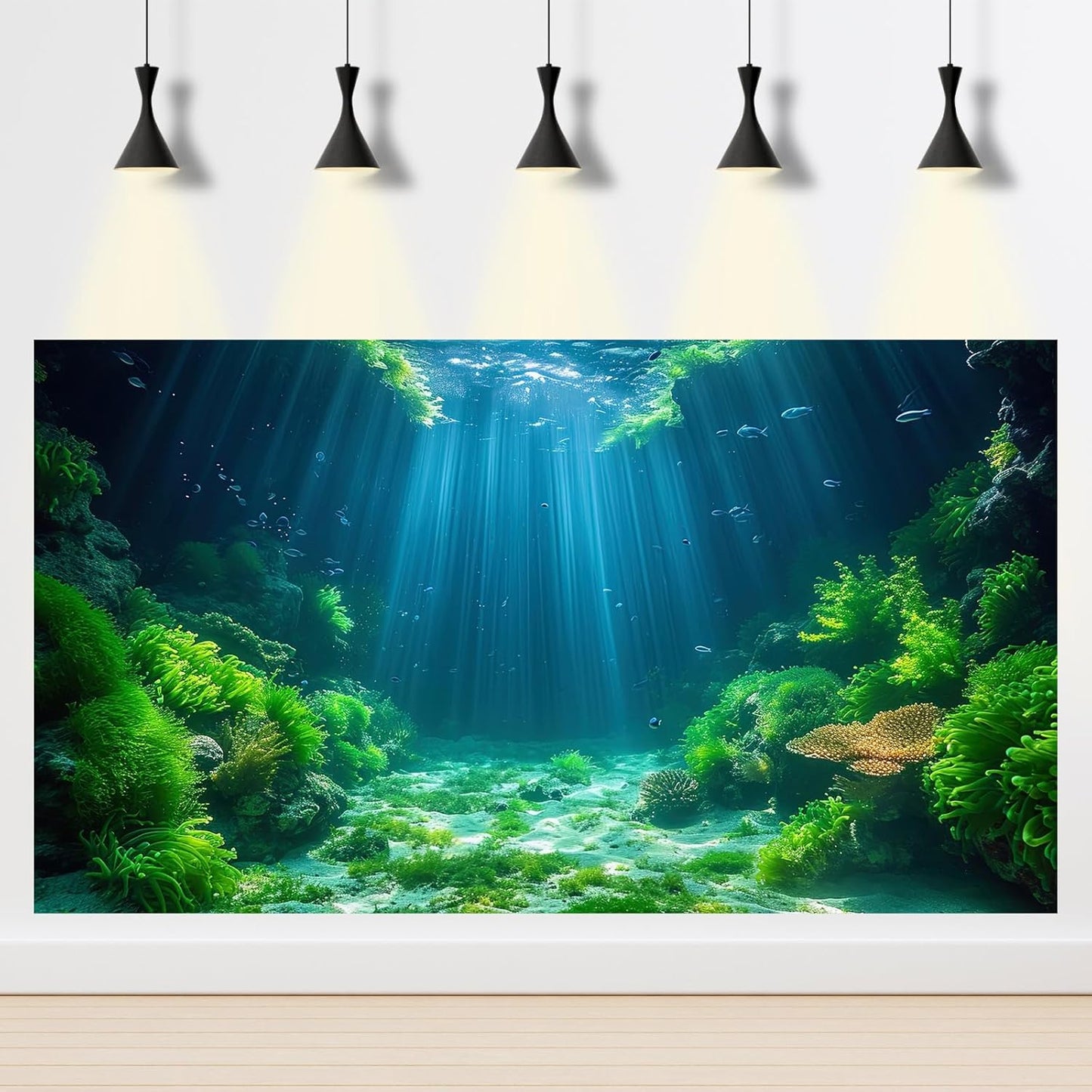 Aquarium Background Aquatic Plants Soft Algae Terrarium Backdrop Underwater World Fish Rock with Moss Sunlight Rays Fish Tank Background Aquarium Wallpaper Poster Decor Vinyl 60x24in