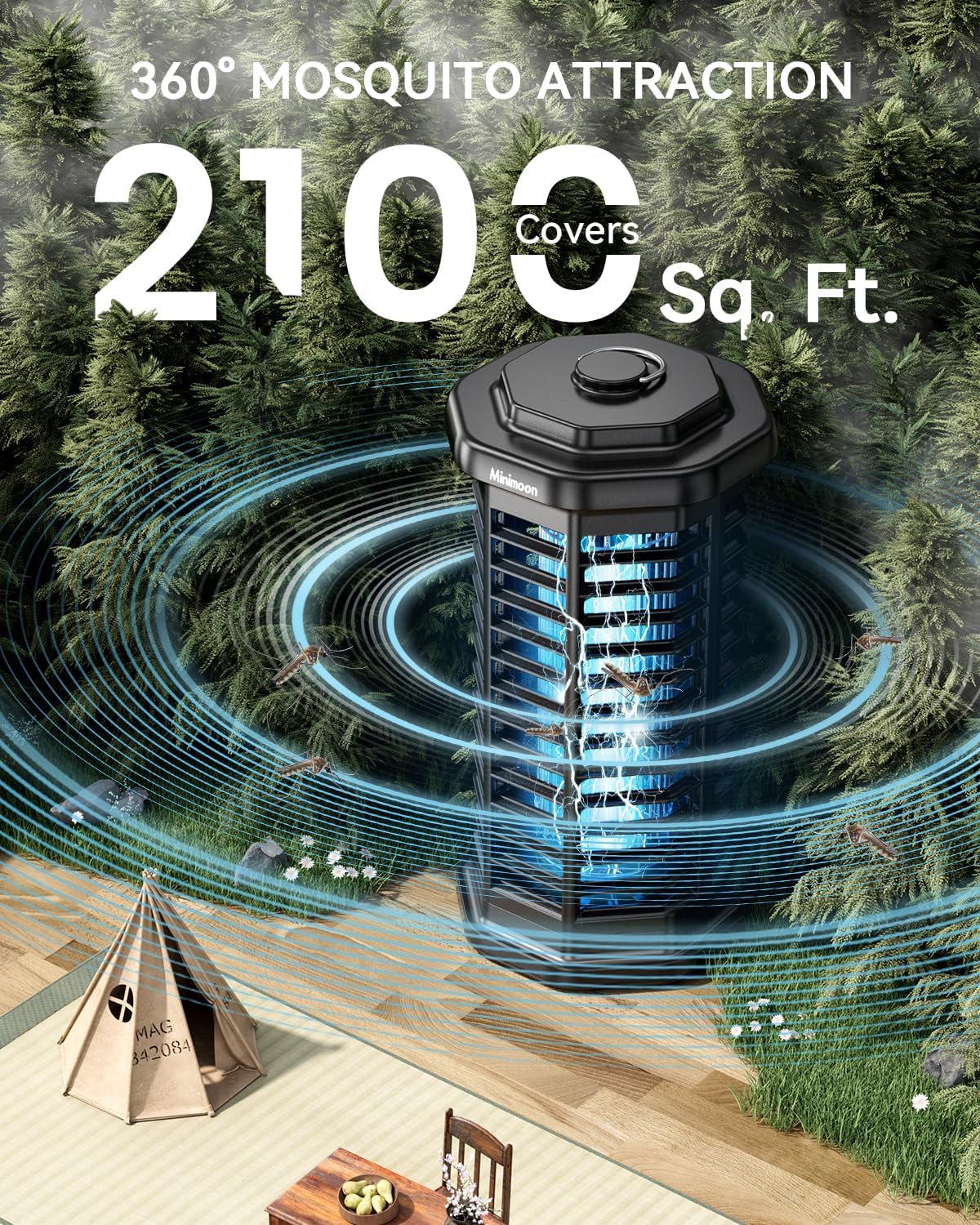 Minimoon Bug Zapper Outdoor 4000V Powerful Electric Mosquito Zapper, 15w Fly Trap Outdoor, IPX4, Corded Fly Zapper for Indoor, Yard, Backyard, Patio, Camping (Black)