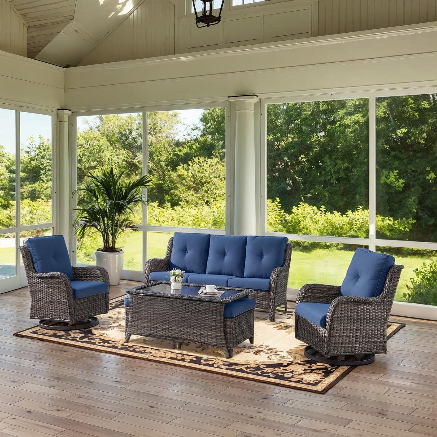 Wicker Outdoor Furniture Patio Furniture Set - 6 Piece Patio Conversation Set with Swivel Rocker Chairs, Rattan Sofa, Ottomans and Coffee Table, Blue Cushion