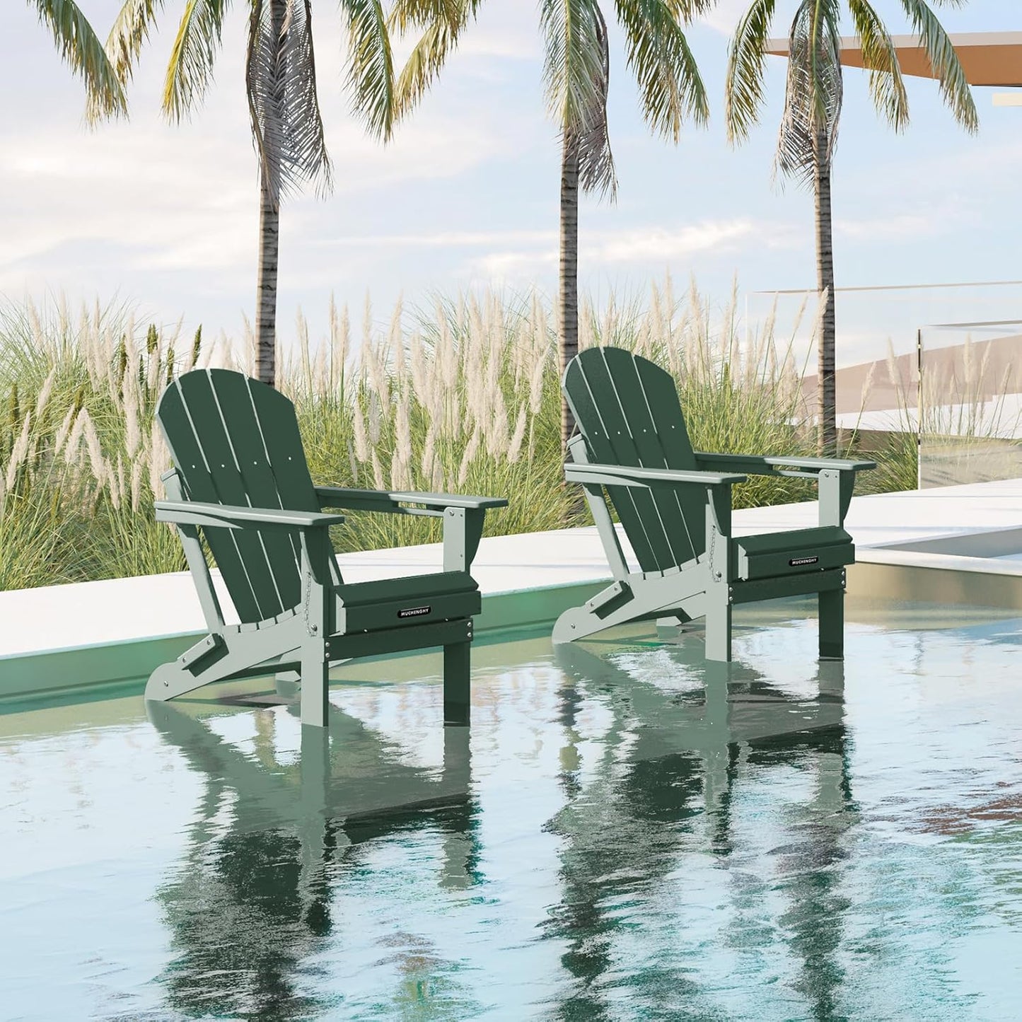 MUCHENGHY Folding Adirondack Chairs, Patio Chairs, Lawn Chairs, Outdoor Chairs, Adirondack Chair Plastic, Fire Pit Chairs, Weather Resistant with Cup Holder for Deck, Backyard, Garden(Green)